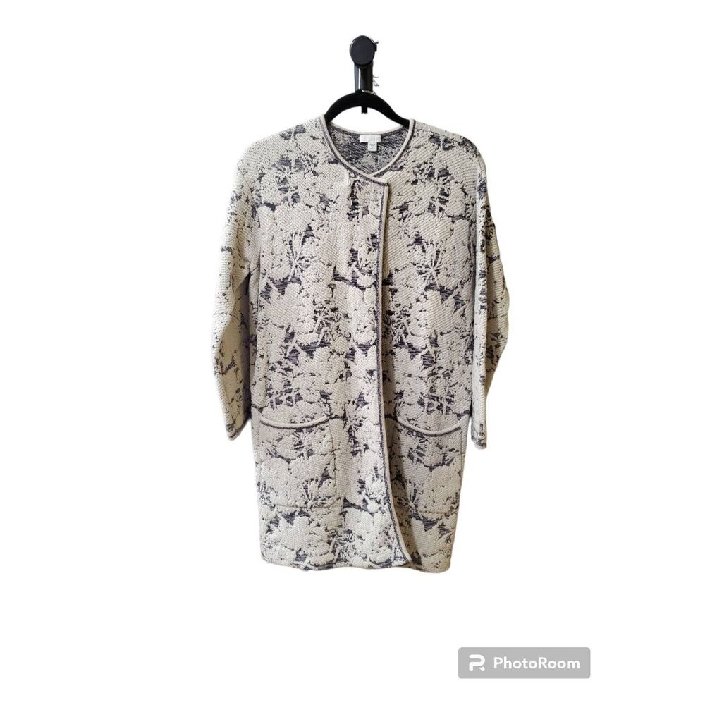 J JILL Long Cardigan Sweater Women Size Medium Petite White Floral Tapestry